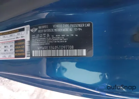 2005 Mini Cooper S z USA, uszkodzony, nr VIN WMWRE33405TD97708